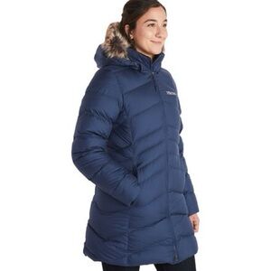 Marmot Montreal Down Coat Women Medium Blue 700 Fill Hooded Puffer parka